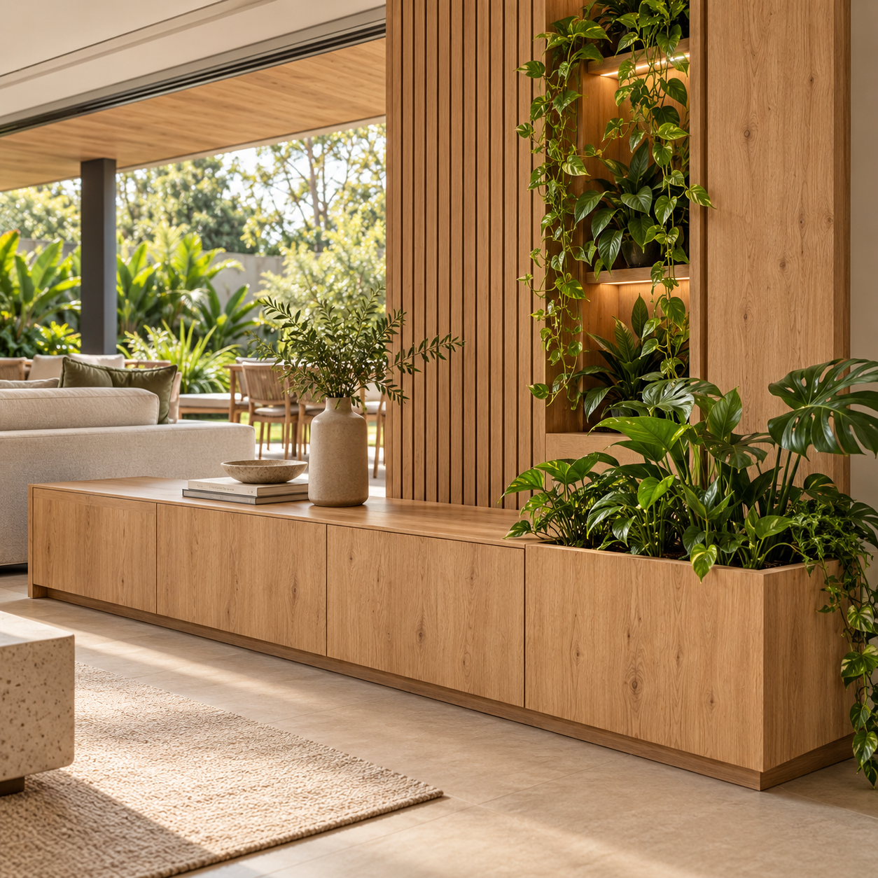 Banco curvo em marcenaria integrado a jardim interno